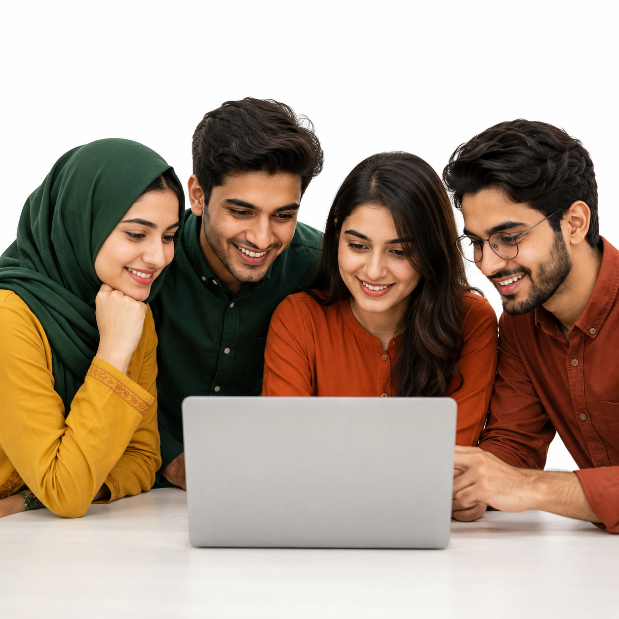 Four Pakistani students collaborating around a laptop