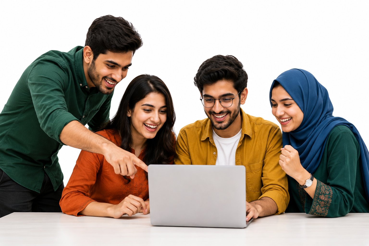 Pakistani students celebrating progress around a laptop
