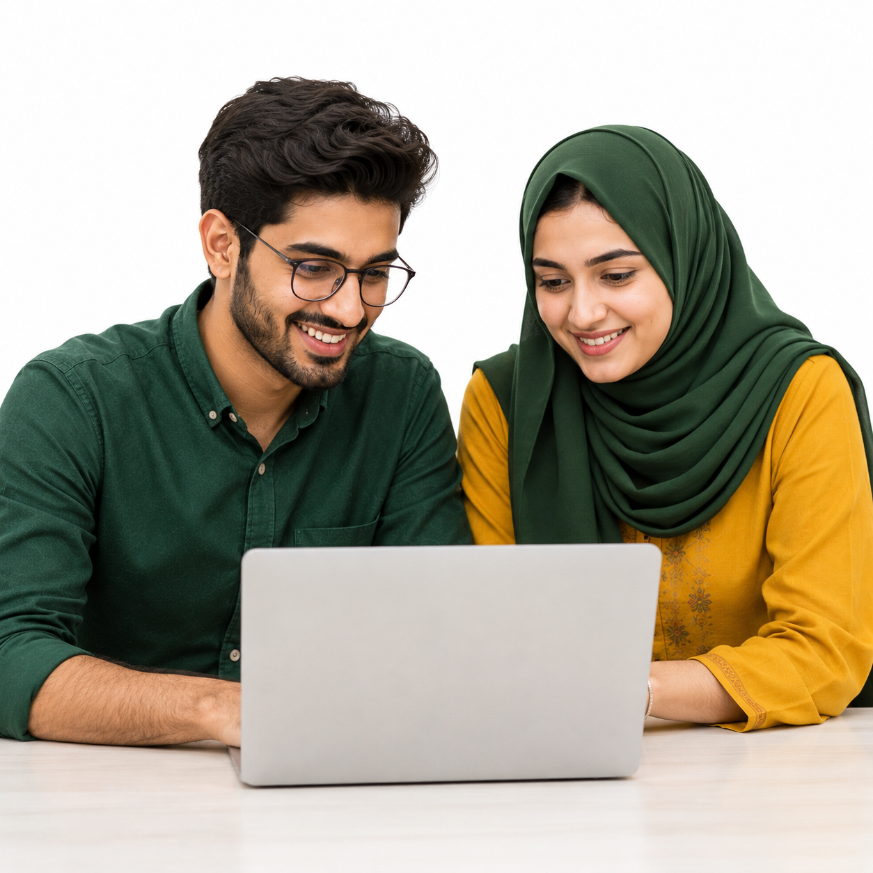Two Pakistani students sharing a laptop