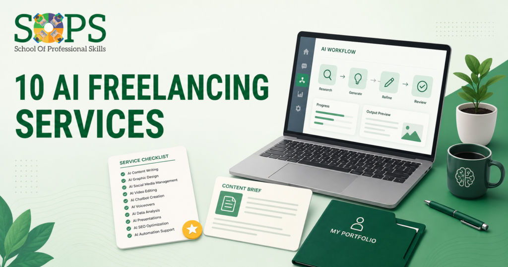 AI freelancing services for beginners in Pakistan with laptop workflow, service checklist, and portfolio