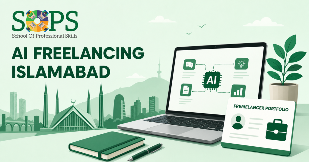 AI freelancing in Islamabad career roadmap with laptop, portfolio, and book