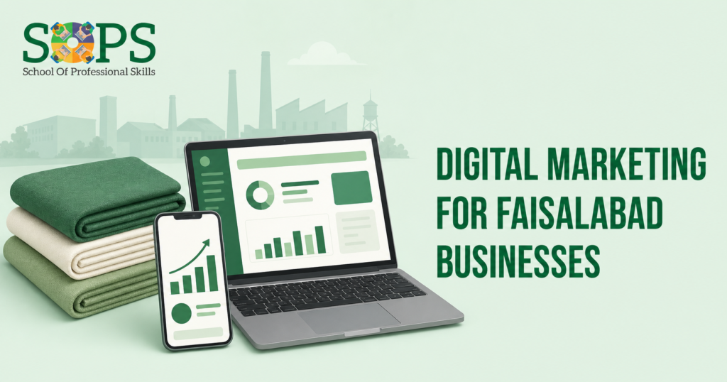 Digital marketing for Faisalabad businesses with textile products, laptop analytics, and mobile campaign dashboard