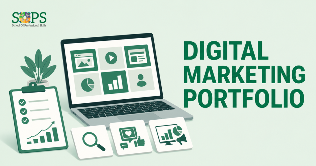 digital marketing portfolio with laptop, project cards and analytics checklist
