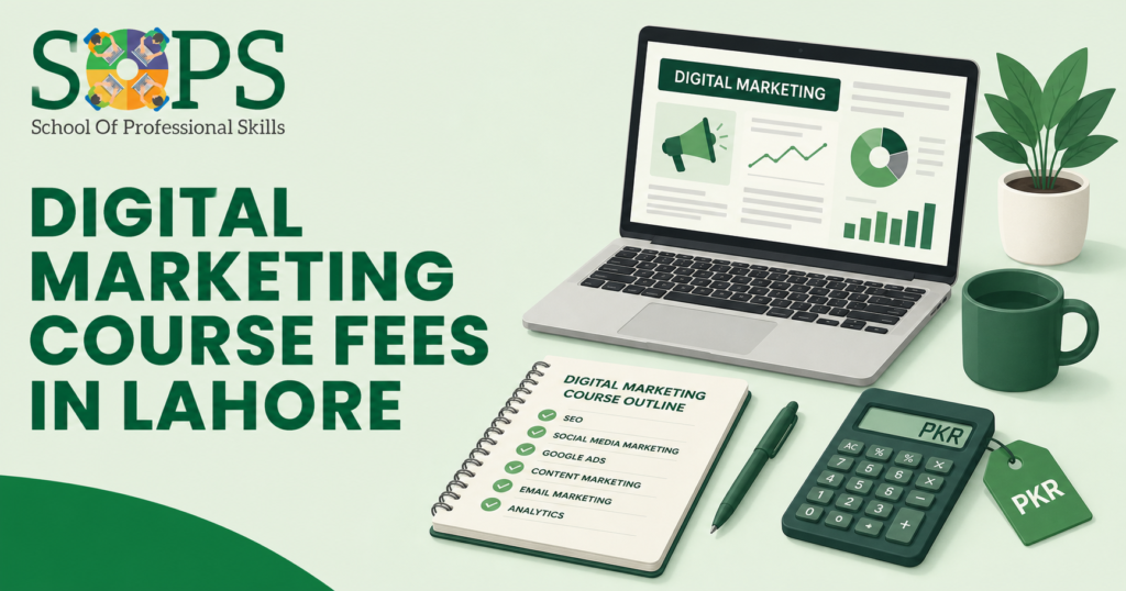 Digital marketing course fees in Lahore guide with course checklist and marketing dashboard
