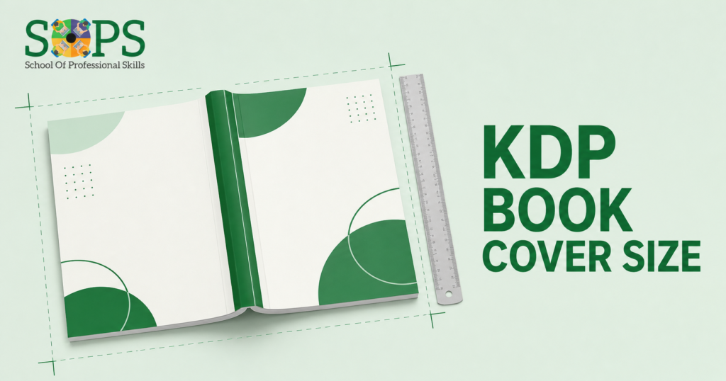 KDP book cover size guide showing a paperback wrap, spine ruler, and bleed marks