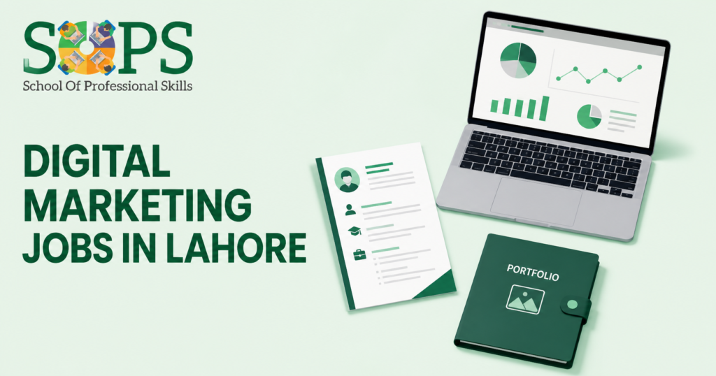 Digital marketing jobs in Lahore illustrated with a CV, analytics laptop, and portfolio