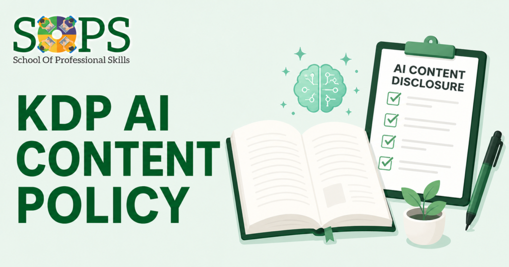 Amazon KDP AI content policy disclosure checklist with manuscript and AI symbol