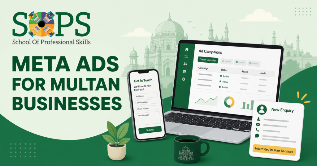 Meta Ads for Multan businesses lead generation guide with ad dashboard, mobile form, and customer enquiry