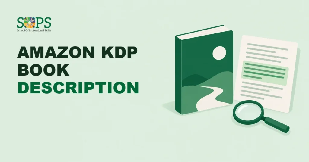 amazon kdp book description flat illustration: a paperback book, a page of description text with a highlighted block, and a magnifying glass
