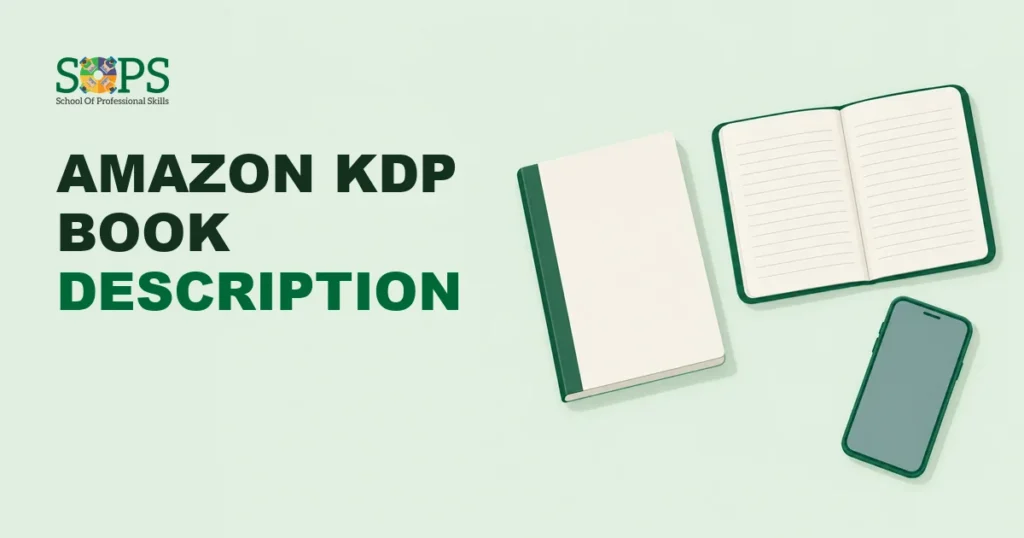 amazon kdp book description - Flat illustration of a blank paperback, an open ruled notebook and a smartphone arranged from a