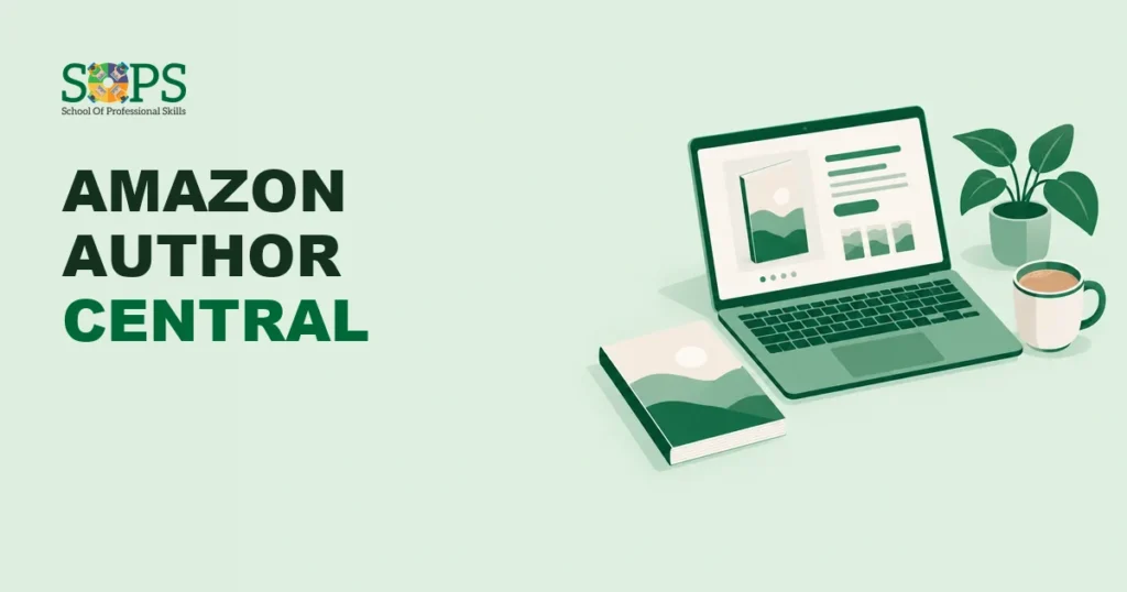 Amazon Author Central flat illustration: a laptop showing an author page, a paperback book, a plant and a cup of tea