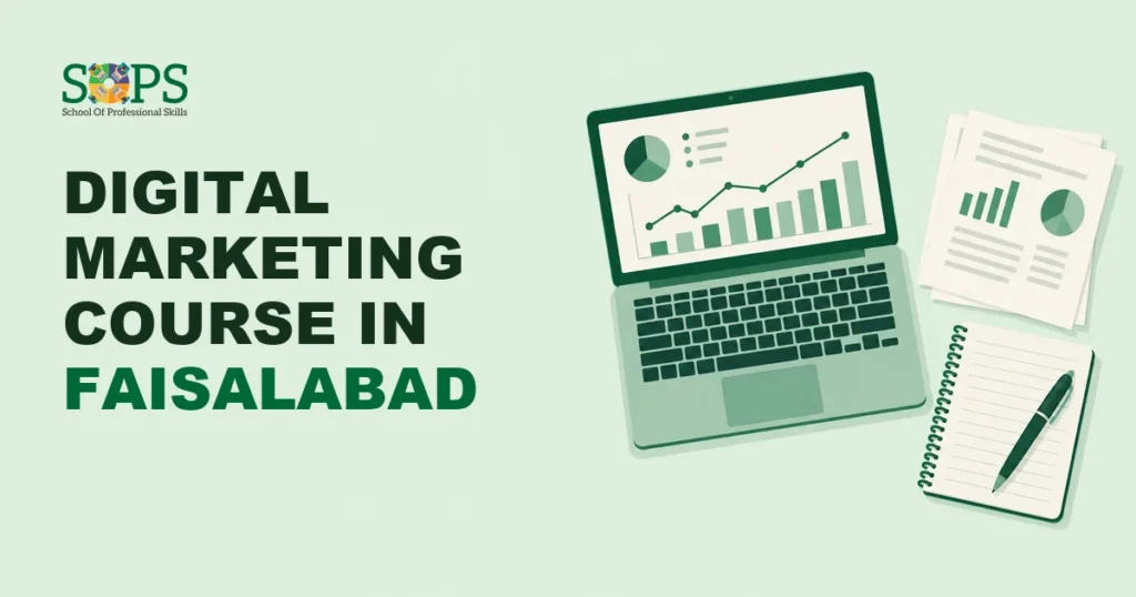 digital marketing course in Faisalabad - Flat illustration of an open laptop showing a chart, a spiral notebook with pen, and