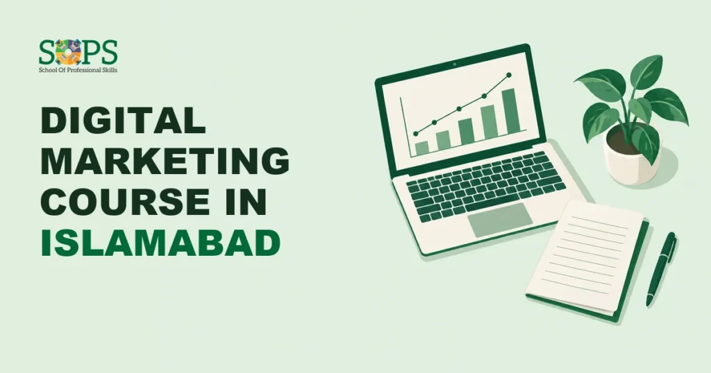 digital marketing course in Islamabad - Flat illustration of a laptop showing a blank chart, a folded syllabus document, a pe