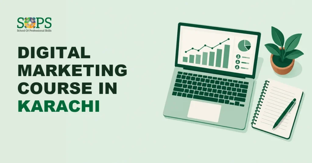 digital marketing course in Karachi - Flat illustration of a laptop showing a performance chart beside a notebook, pen and sm