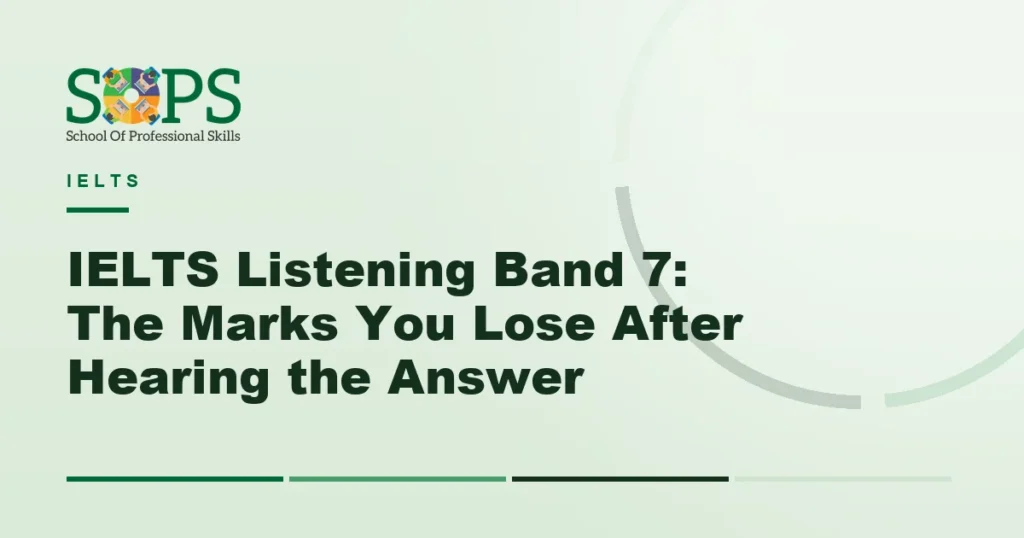 ielts listening band 7 - Flat illustration of headphones, an answer sheet and a pencil
