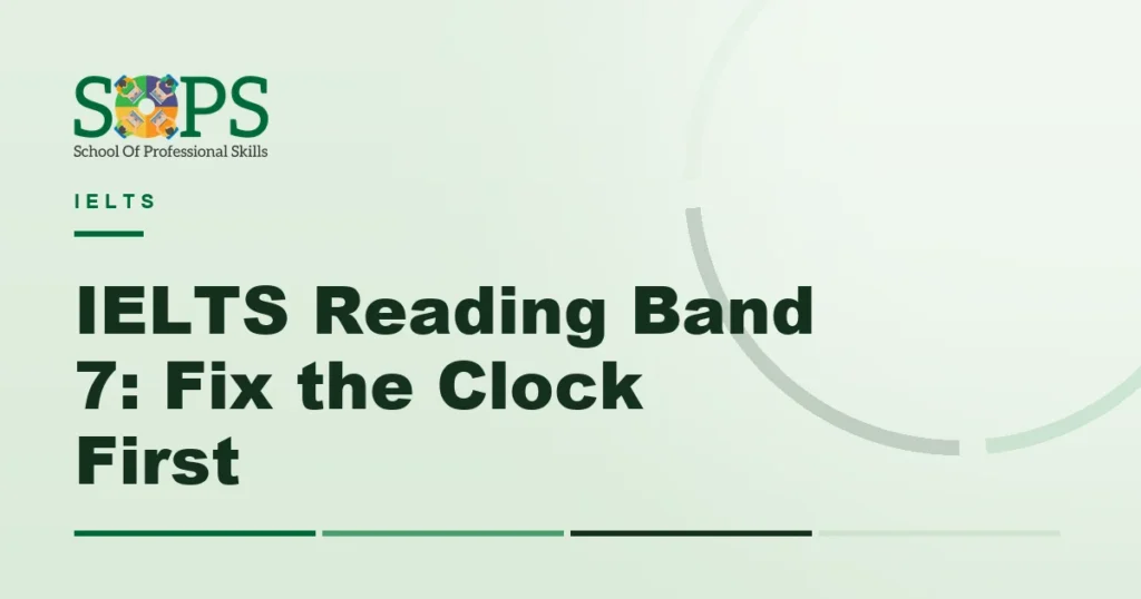 ielts reading band 7 - Flat illustration of an open book, a clock and a highlighter