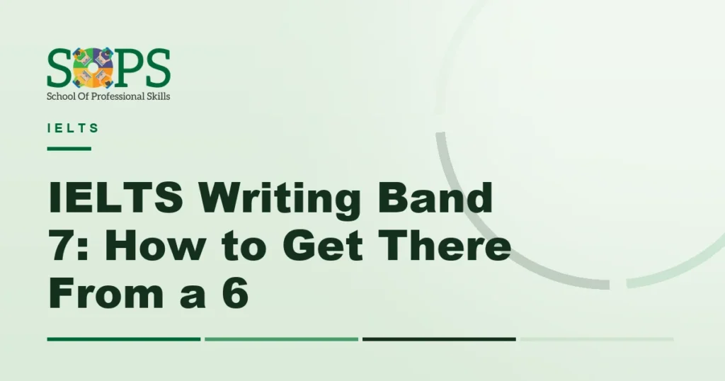 ielts writing band 7 - Flat illustration of a notebook, a pen and a score sheet