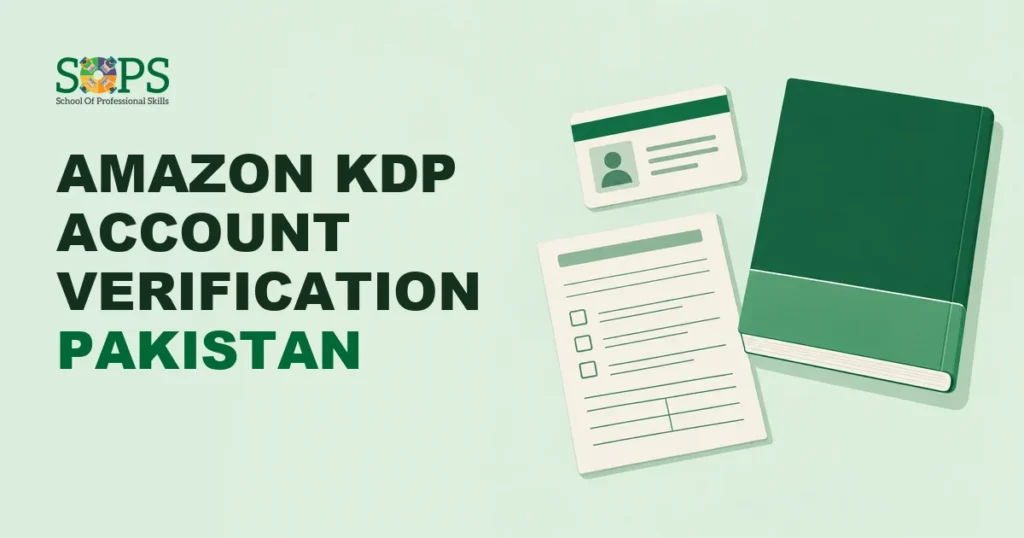 amazon kdp account verification pakistan - Flat illustration of a blank identity card, a paperback book and a tax form laid o