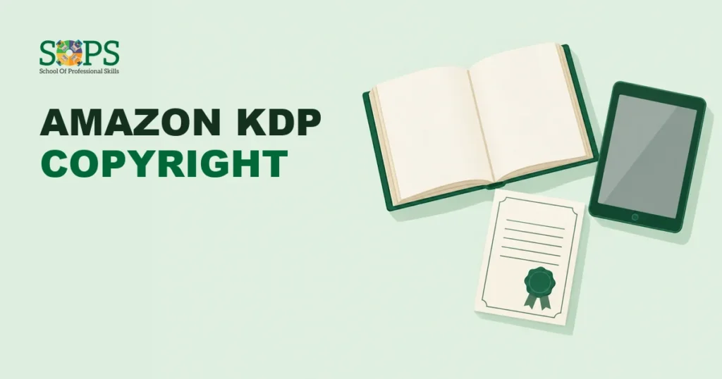 amazon kdp copyright - Flat illustration of an open book, a sealed certificate document and a blank e-reader tablet